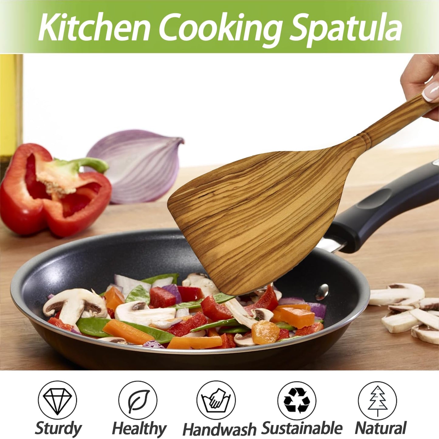 13.7 Inch Olive Wood Spatula for Cooking, Wooden Cooking Spatula/Turner, Long Handle Flat Frying Spatula, Olive Wooden Cooking Utensils for Nonstick Cookware Stirring, Frying & Flipping