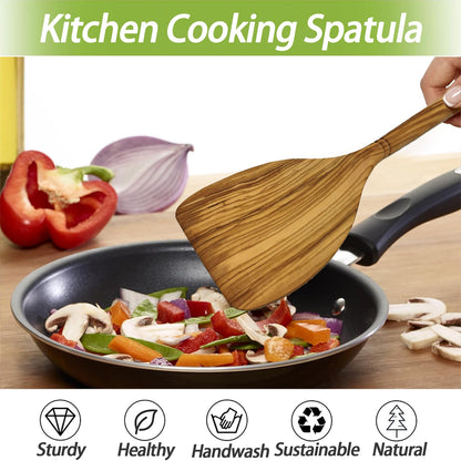 13.7 Inch Olive Wood Spatula for Cooking, Wooden Cooking Spatula/Turner, Long Handle Flat Frying Spatula, Olive Wooden Cooking Utensils for Nonstick Cookware Stirring, Frying & Flipping