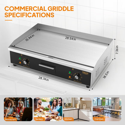 ROVSUN 30" Electric Countertop Flat Top Griddle, 3000W Electric Griddle, Teppanyaki Grill Stainless Steel with Adjustable Temperature Control 122°F-572°F for Home Restaurant Commercial, No Plug