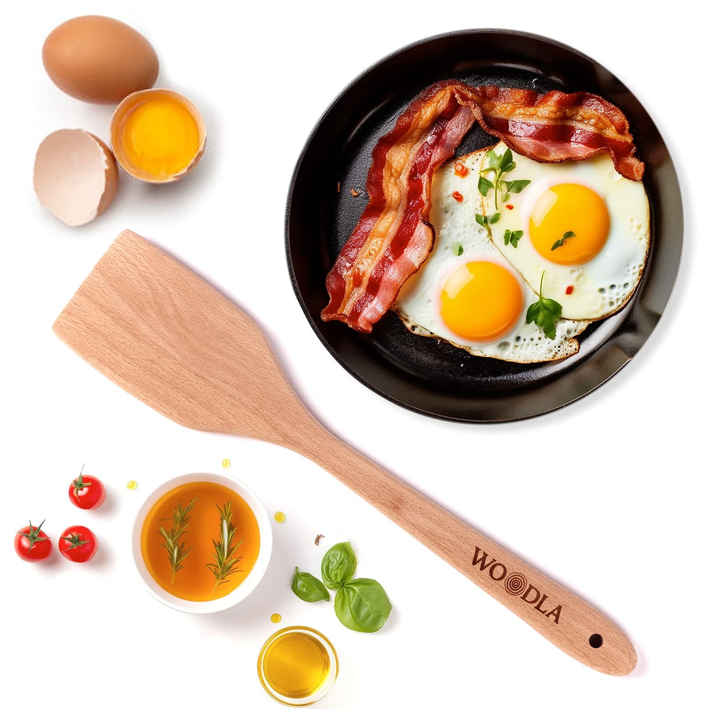 Woodla Wood Spatula Non Scratch Wooden Turner for Cast Iron & Nonstick Cookware Flat Long Handle Kitchen Utensil 14 Inch, Beech