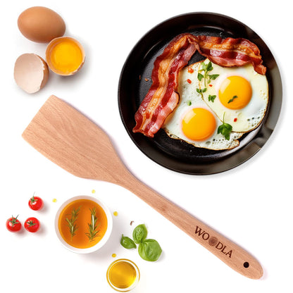 Woodla Wood Spatula Non Scratch Wooden Turner for Cast Iron & Nonstick Cookware Flat Long Handle Kitchen Utensil 14 Inch, Beech