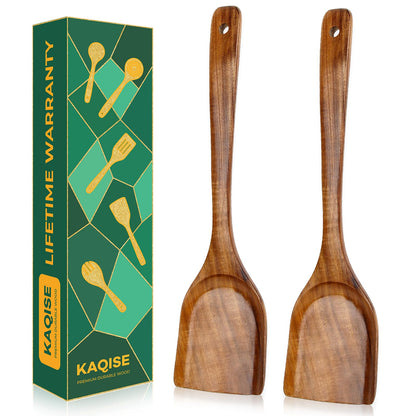 KAQISE Handmade Wooden Spatulas for Cooking, Natural Teak Wood Kitchen Utensils, Smooth Finish Wooden Flat Cooking Spatula Turner Set (2Pcs)