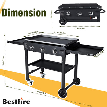 BESTFIRE Foldable Flat Top Grill, Outdoor Griddle-3 Burner Propane Griddle with Two Foldable Shelves,36" Flat Grills Outdoor-45,000 BTU Gas Grill for BBQ& Outdoor Cooking,Black