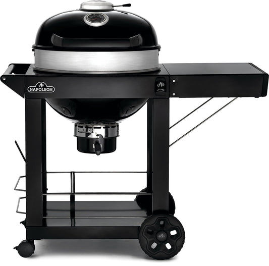 Napoleon PRO22 Charcoal Kettle Grill with Folding Cart, Black, Porcelain-Enameled Lid and Bowl, Chrome-Plated Cooking Grid