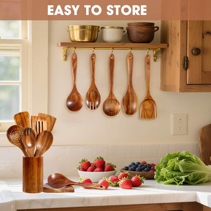Wooden Spoons for Cooking, MASSUGAR 9-Piece Natural Teak Wooden Kitchen Utensil Set Comfort Grip Cooking Spoons and Utensils Holder