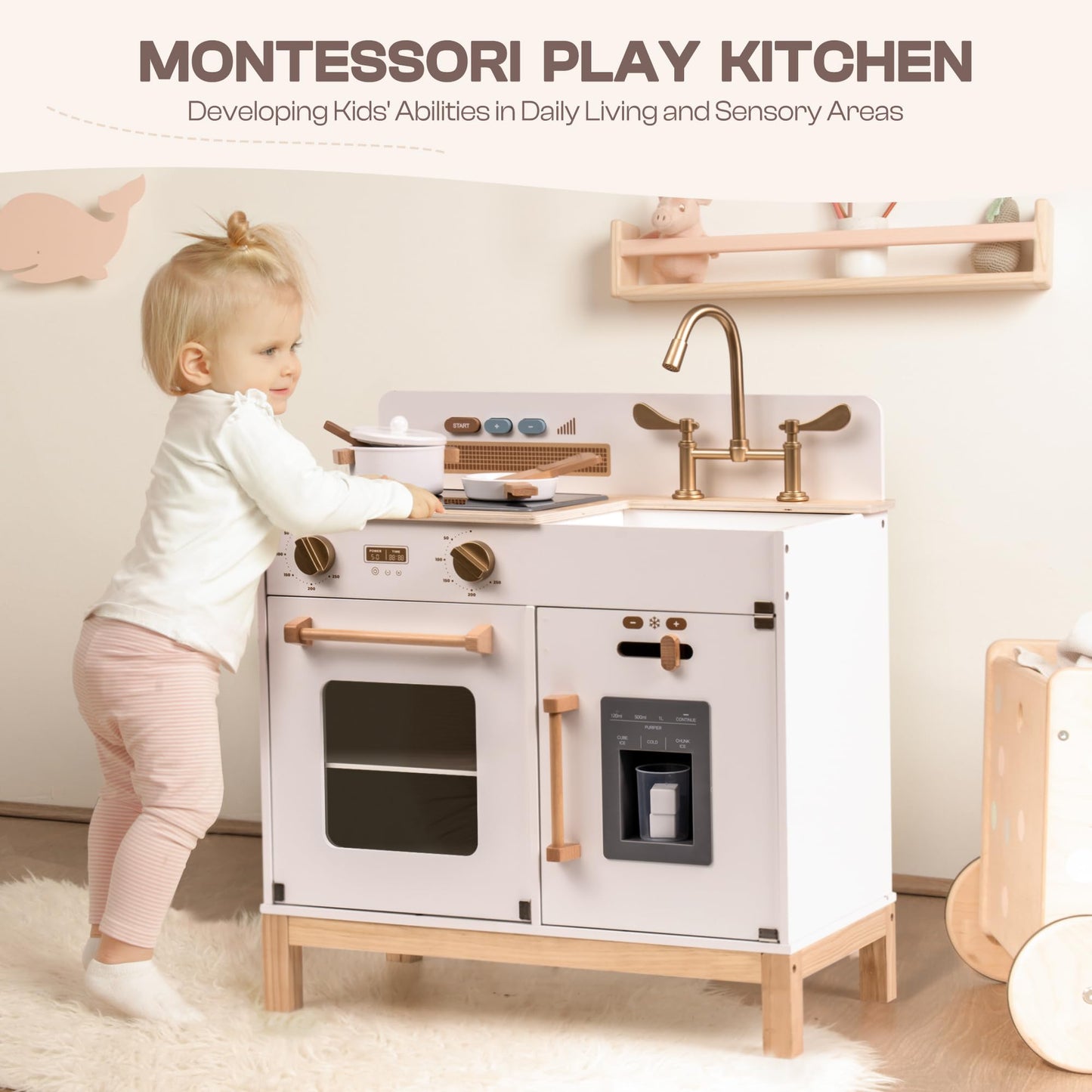 ROBOTIME Play Kitchen for Toddlers, Wooden Kids Play Kitchen Playset with Real Lights & Sounds/Ice Cube Dispenser, Pretend Play Montessori Toy Kitchen, Gift for Ages 3+ (White)