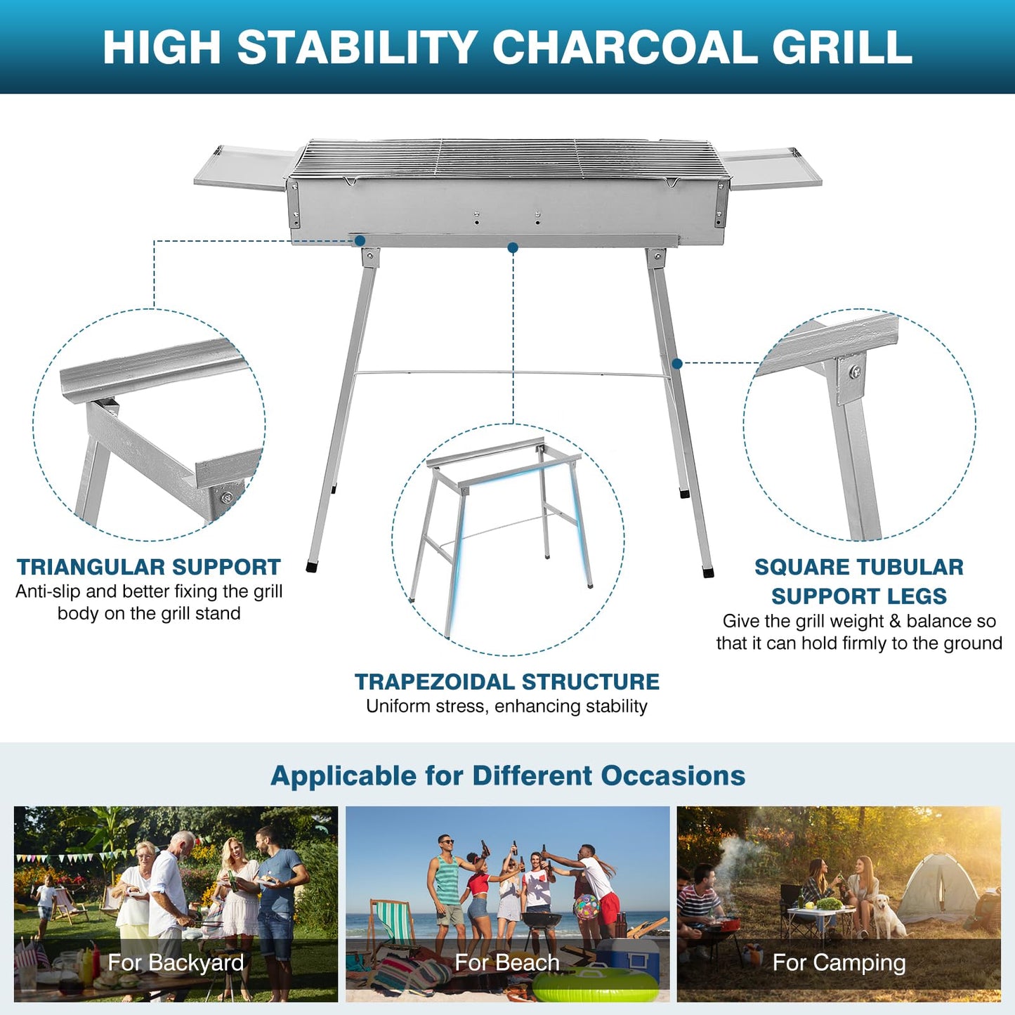 IRONWALLS Portable Charcoal Grill Outdoor Cooking, 32”L x 10”W Folded Camping Barbecue Grill with Storage Shelf, Metal Kebab Skewers, Rectangular Lamb Skewer Grill for Backyard Party Picnic Travel