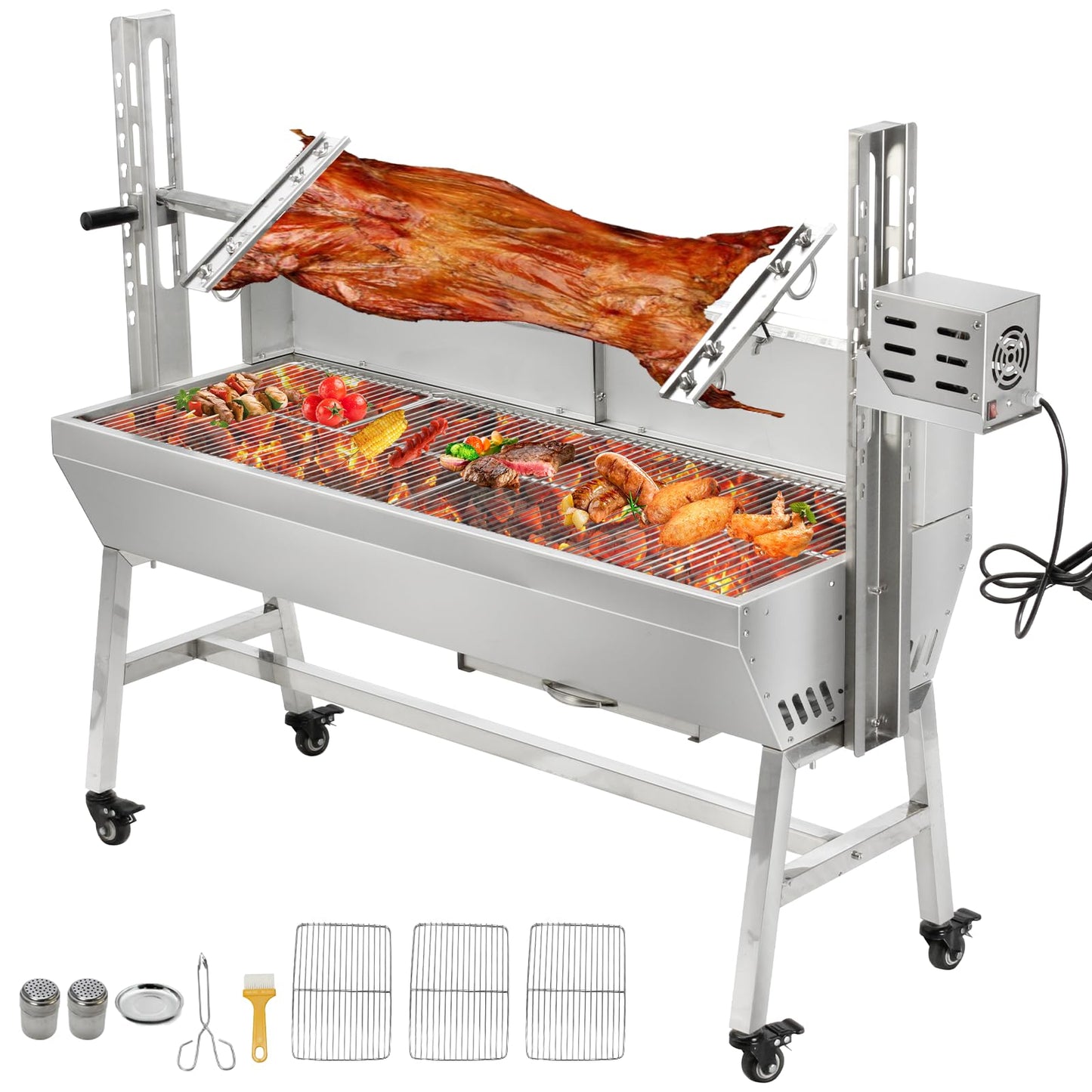 SGOLAN Stainless Steel Rotisserie Grill with Windbreak 35 Inch Pig Roaster, Electric 40W Motor Pig Lamb Rotisserie 132 Lbs Capacity BBQ Rotisserie Grill for Camping, Party (35 Inch)