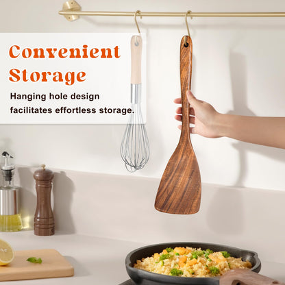 Wooden Spatula for Cooking, Acacia Wood Flat Frying Spatulas, Long Handle Spatula Turner for Non Stick Pans, Non-Scratch, Wooden Kitchen Utensils for Cooking, Frying, Baking
