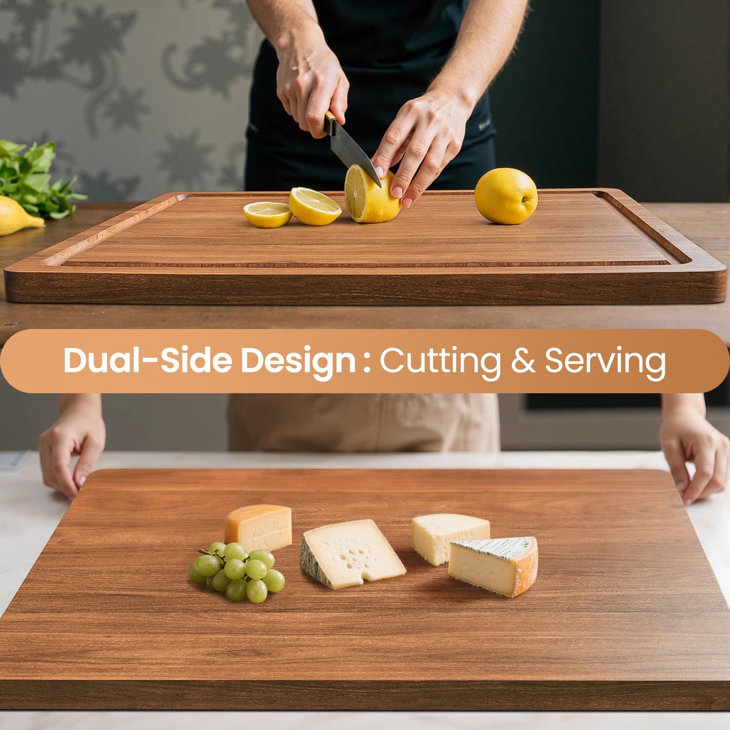 Wood Cutting Boards for Kitchen, 17x12 Inch Butcher Block with Deep Juice Grooves & Non-Slip Handle Reversible Chopping Board for Meat Cheese Vegetables
