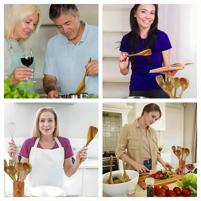6 Piece Wooden Cooking Spoons for Cooking, Kitchen Utensils Set, Wooden utensil storage wooden barrel, Natural Teak Wood Cooking Spatulas with Utensils Holder, for Nonstick Cookware