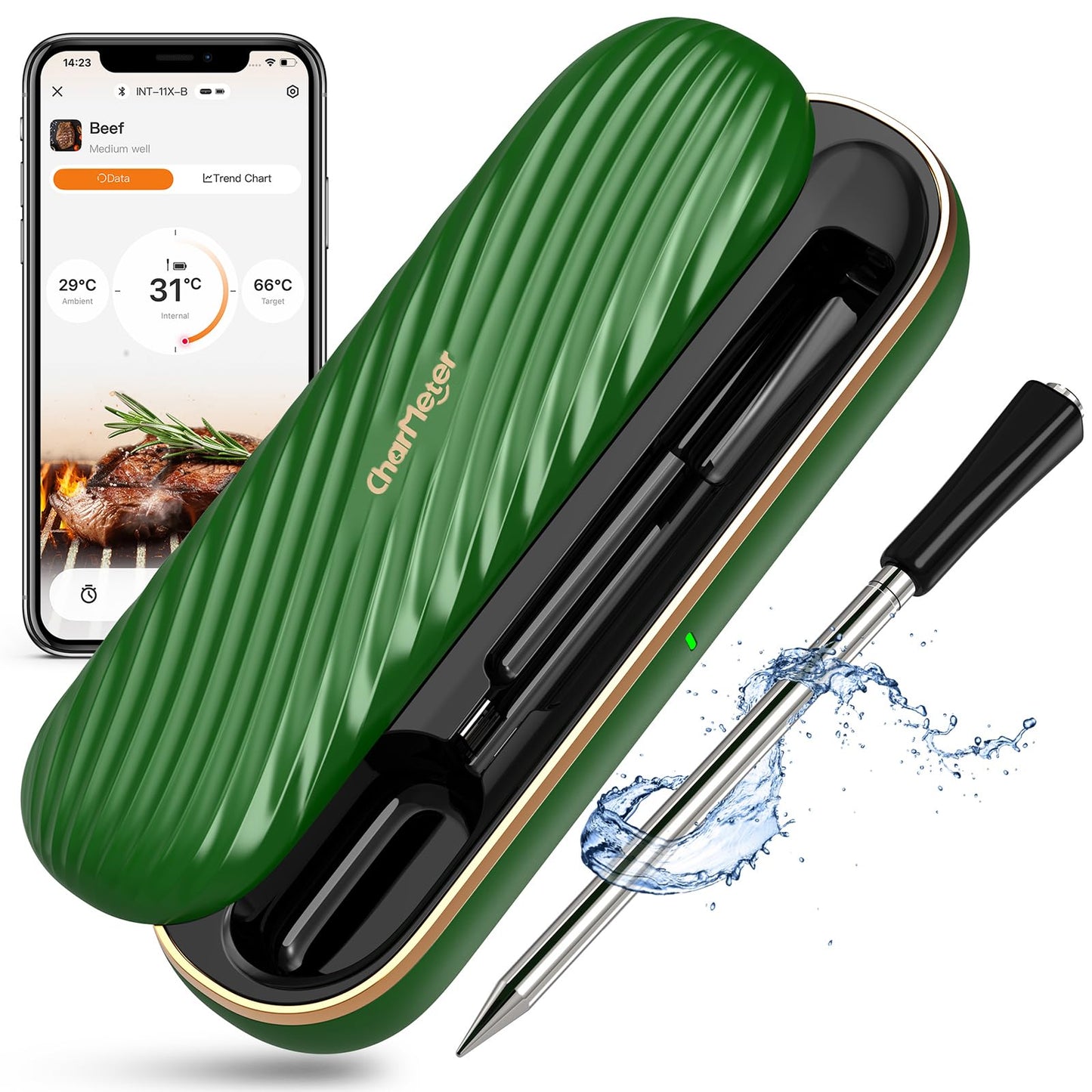 Green Wireless Meat Thermometer, 500FT Remote Bluetooth Grill Thermometer with an Stylish Wave-shaped Sliding Base, Portable Cooking IP67 Waterproof, Perfect Smoker Accessories Gift for Kitchen Lovers