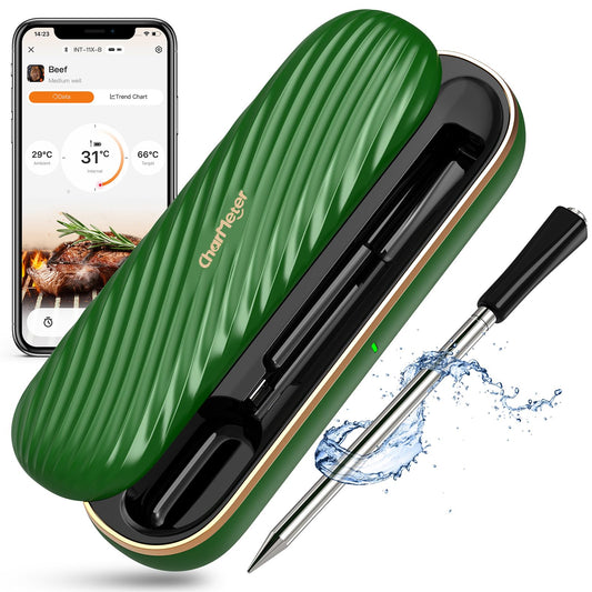 Green Wireless Meat Thermometer, 500FT Remote Bluetooth Grill Thermometer with an Stylish Wave-shaped Sliding Base, Portable Cooking IP67 Waterproof, Perfect Smoker Accessories Gift for Kitchen Lovers