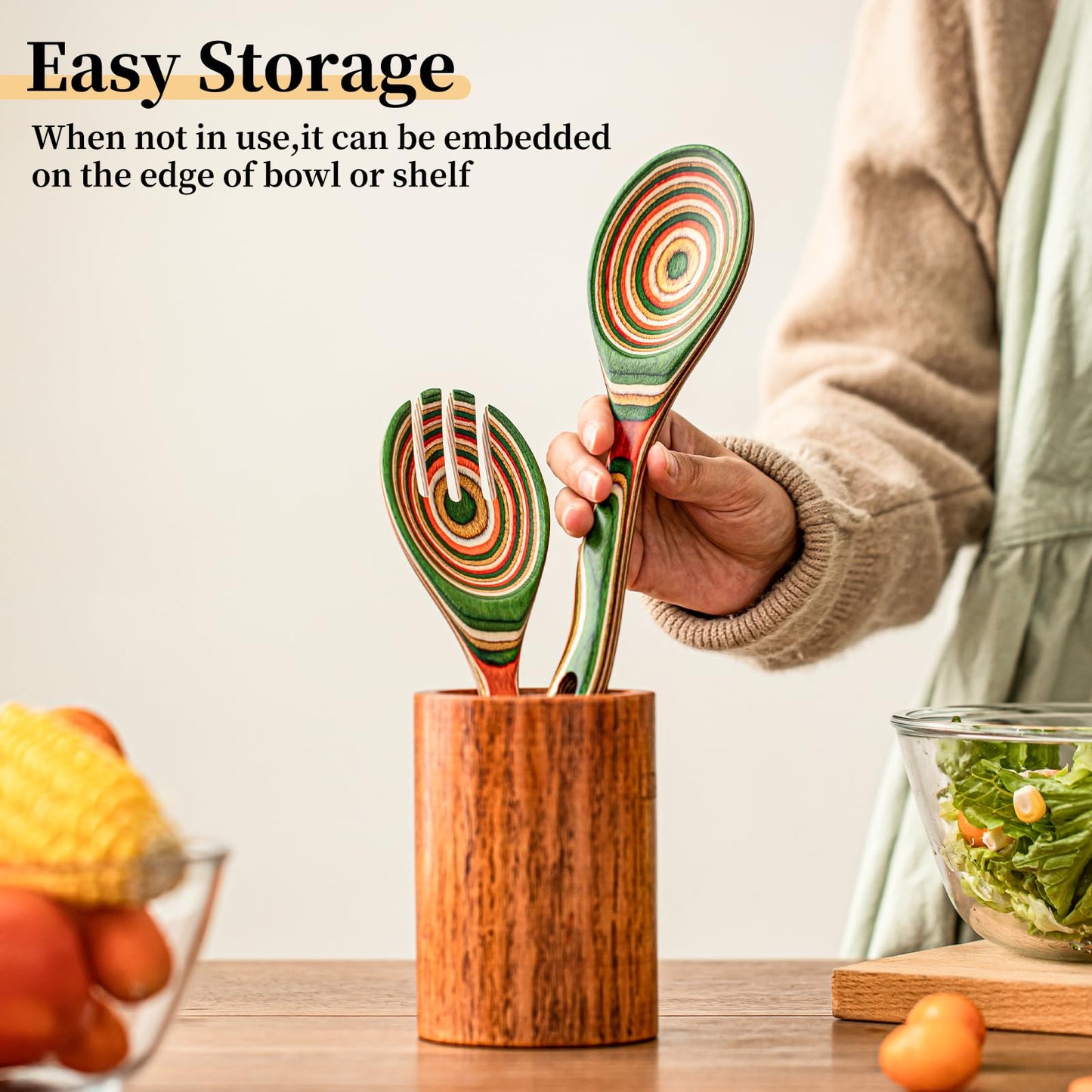 Gudamaye Pakkawood Wooden Salad Server Set,10.5 inch Salad Tongs for Serving including Salad Mixing Dinner Fork and Spoon,Long Handle Salad Server Set