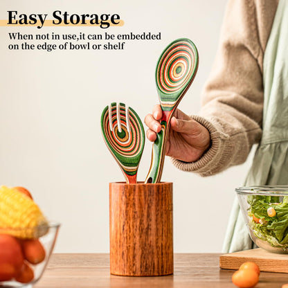 Gudamaye Pakkawood Wooden Salad Server Set,10.5 inch Salad Tongs for Serving including Salad Mixing Dinner Fork and Spoon,Long Handle Salad Server Set