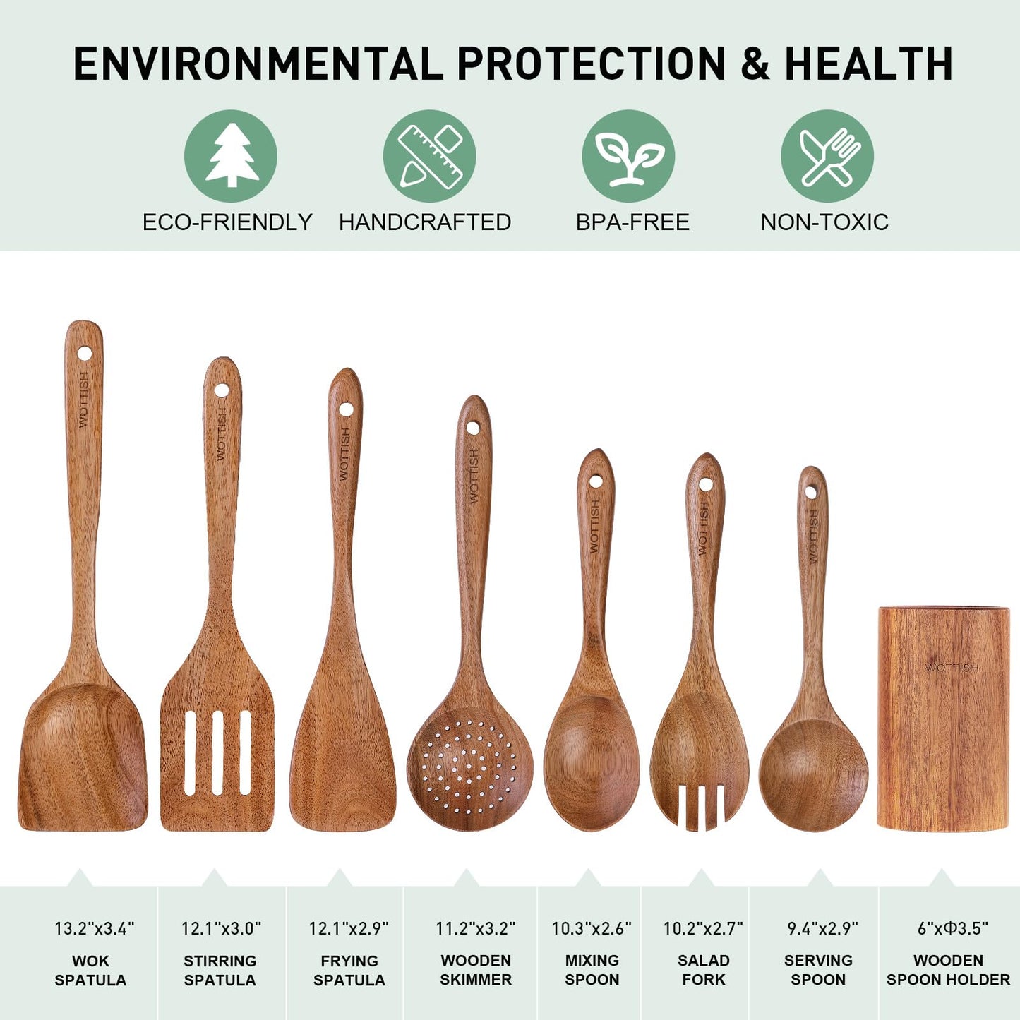 Wooden Spoons for Cooking - 8-Piece Wooden Kitchen Utensil Set made of Natural Solid Wood Material - Includes Spoons, Spatulas, Ladles, Strainer Spoon, Salad Fork, Mixing Spoon and Utensil Holder