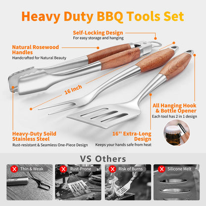 16 Inch Grilling Accessories Set, Heavy Duty Stainless Steel BBQ Accessories Tools and Grill Accessories for Outdoor Grill with Spatula, Fork, & Tongs - Grilling Gifts for Men Women Father