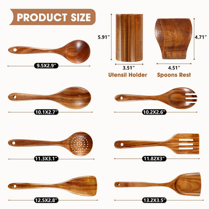 Wooden Spoons for Cooking, MASSUGAR 9-Piece Natural Teak Wooden Kitchen Utensil Set Comfort Grip Cooking Spoons and Utensils Holder