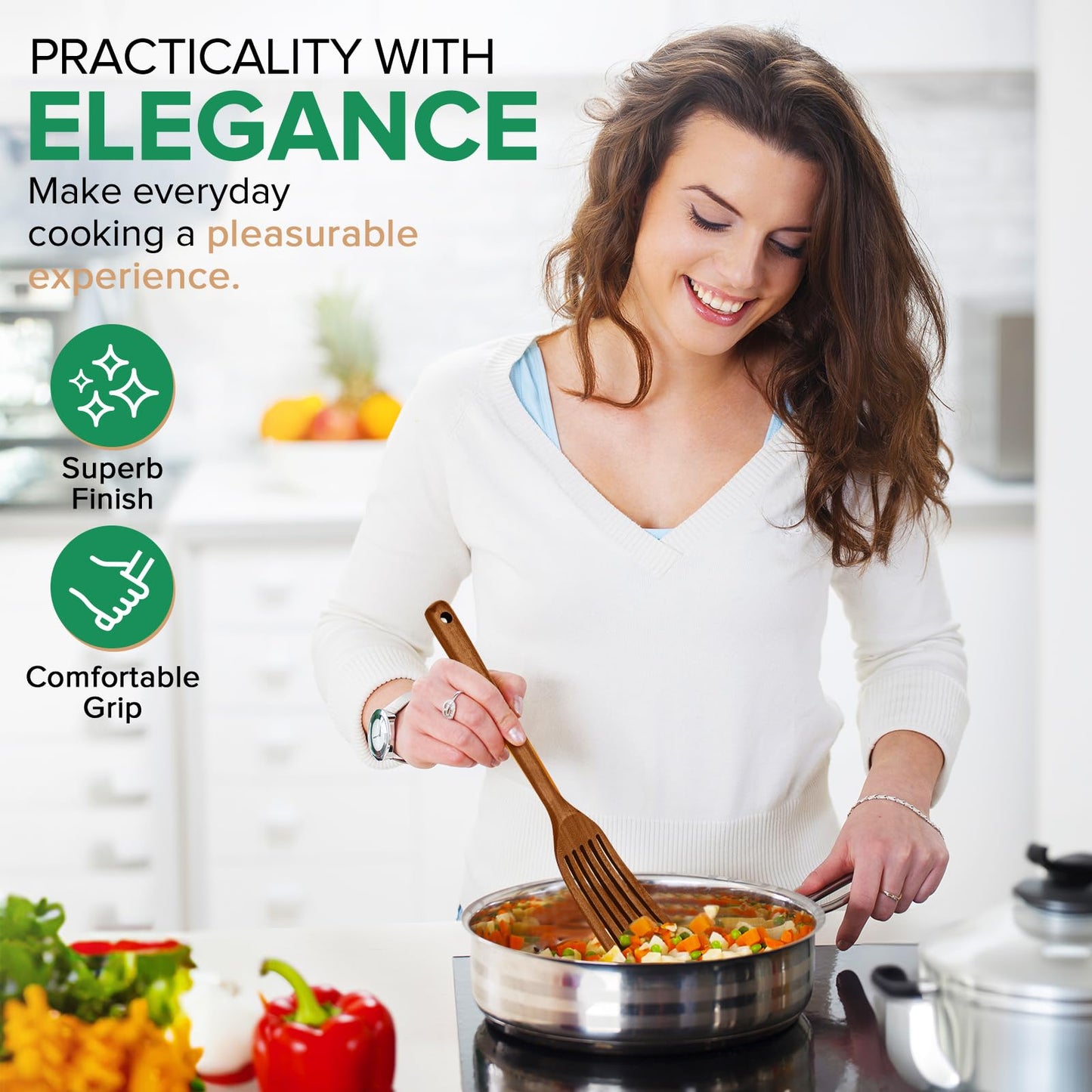 Wooden Spatula for Cooking,2 Pcs Teak Acacia Wooden Kitchen Utensils Set,Natural Wood Spatulas for Non-Stick Frying Pan,Slotted Solid Wood Flippers Turner,Kitchen Essentials,13.3”