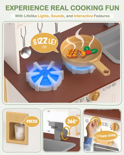 Babytronic Kids Play Kitchen, Wooden Kitchen Playset for Kids Ages 3+ with Real Lights, Sounds, Stove, Sink, Oven, and 30 Pcs Accessories, Toys Kitchen Small Pretend Play Kitchen for Toddlers (White)