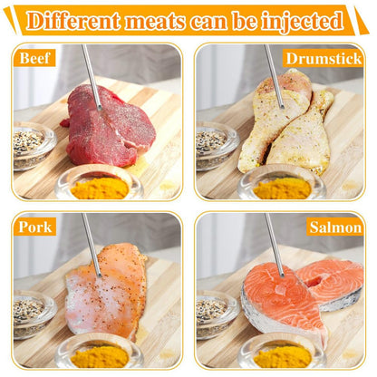 PEOUWNES 304-Stainless Steel Meat Injector Syringe Kit with 3 Marinade Needles for BBQ Grill Smoker, Turkey, Brisket, Beef, Fish, 2-oz Large Capacity, Silicone Brush and Cleaning Brush