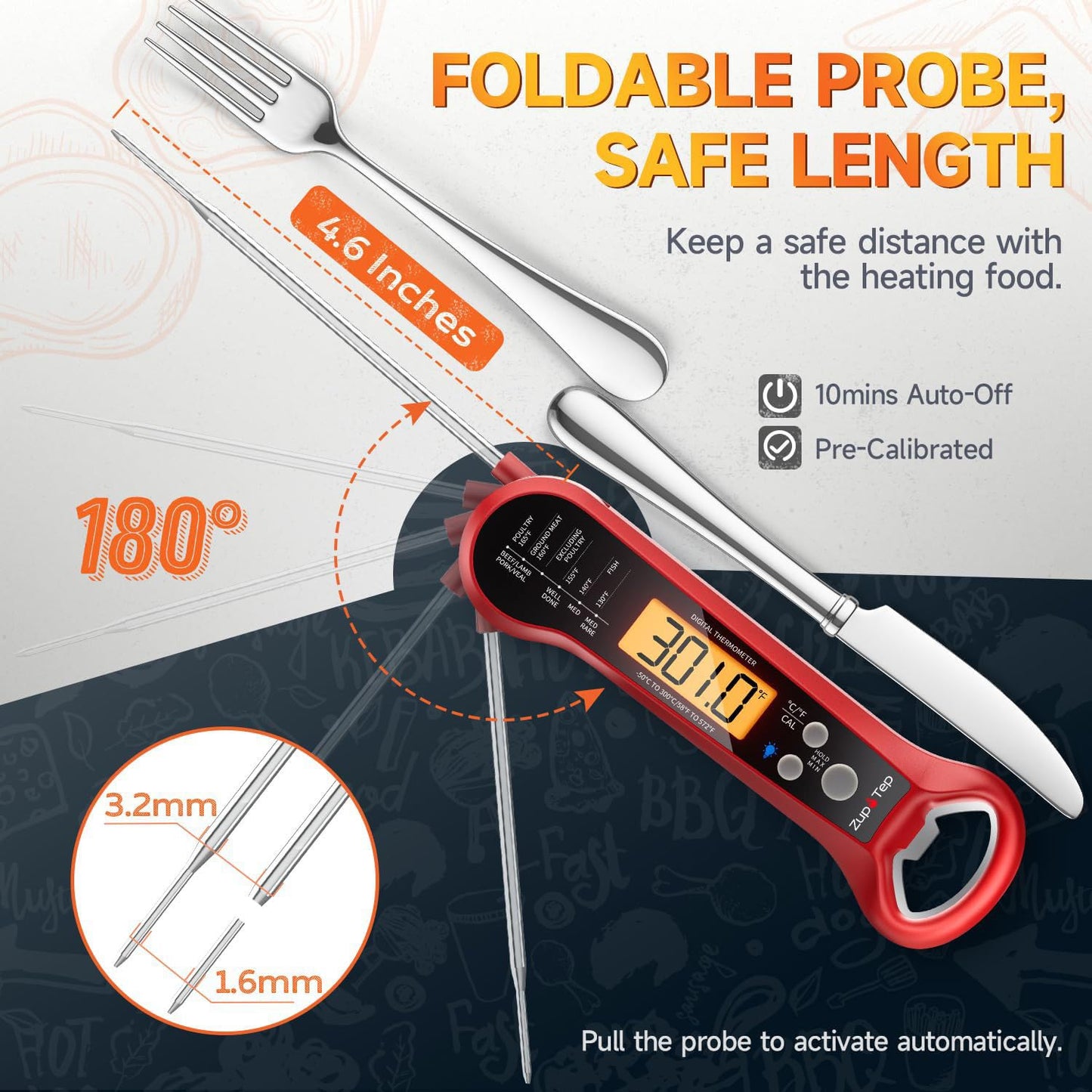 ZupTep Meat Thermometer Digital – Instant Read Food Thermometer for Cooking with Long Probe and Backlit Display, Fast Accurate Temperature for Grill, BBQ, Smoker, Candy, Kitchen Essentials