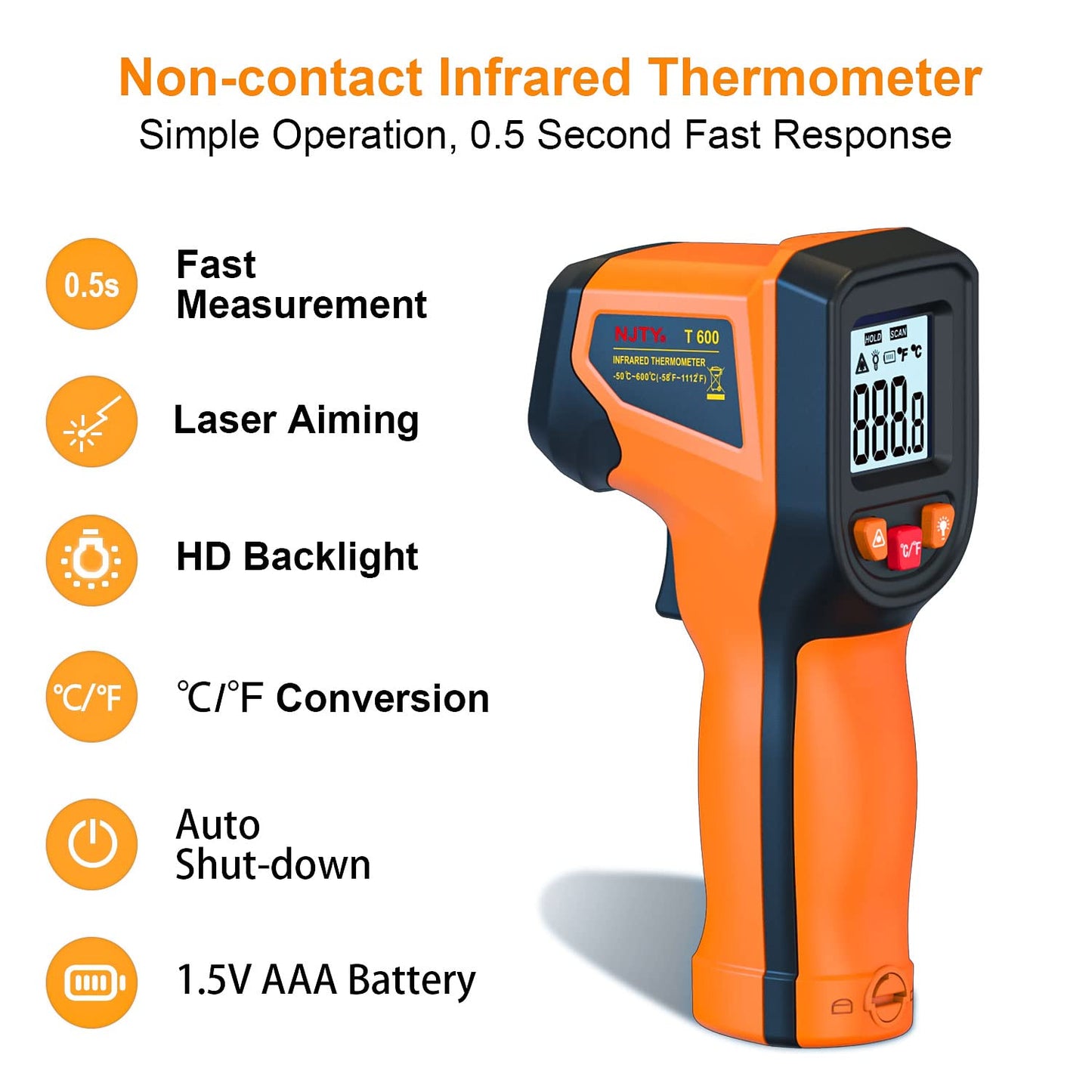 Upgrade 2023 Laser Infrared Thermometer Non-Contact Digital Temperature Gun, -58℉～1112℉(-50℃～600℃) IR Thermometer for Industrial, Kitchen Cooking, Automotive, HVAC (Not for Human Body Temp)