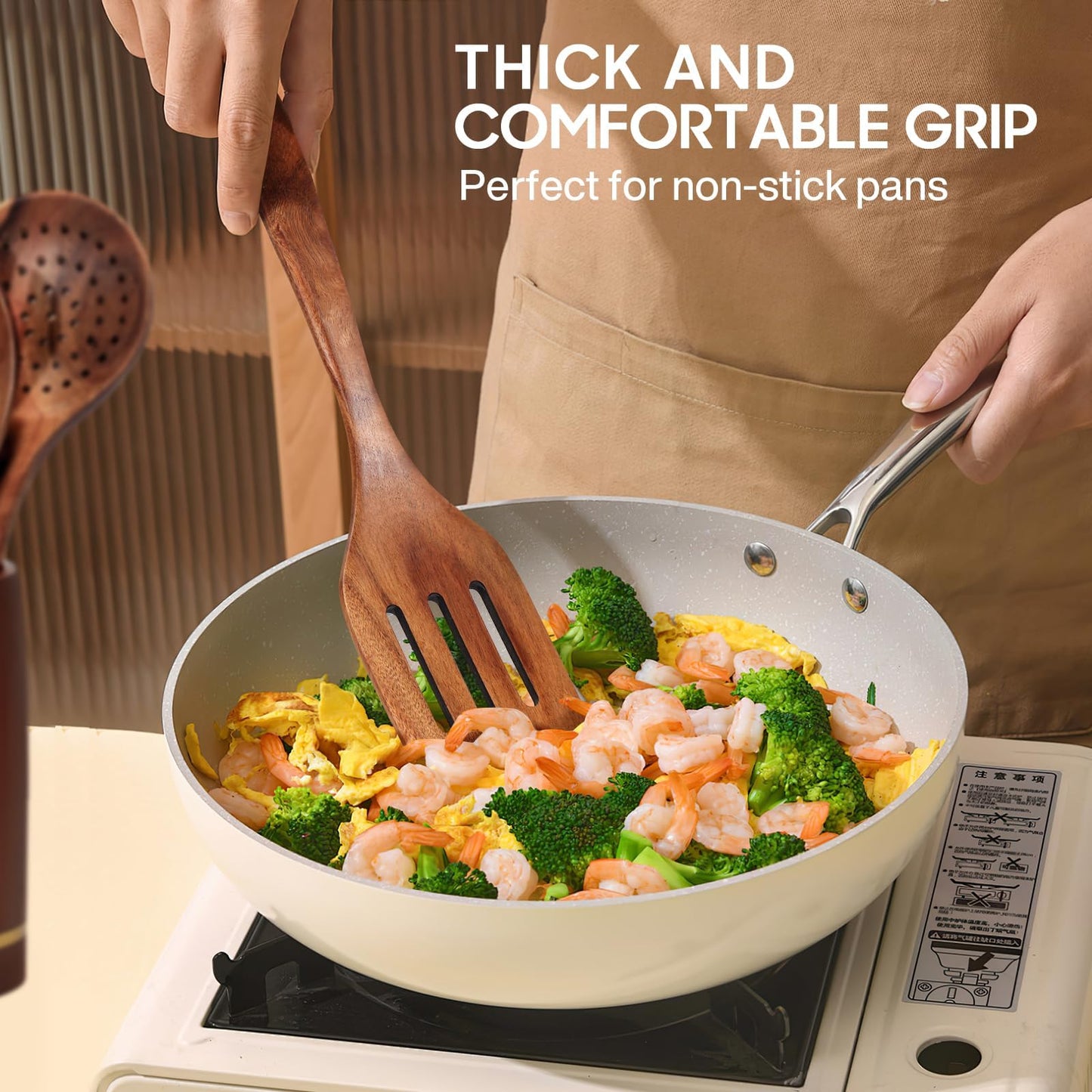 Spardar Wooden Kitchen Utensils, 12 Piece Set Wooden Spoon Set with 9 Teak Wood Cooking Spoons, Spoon Rest, Pot Holde, 3.3 Inch Utensil Holder, as Kitchen Decoration and Housewarming Gift