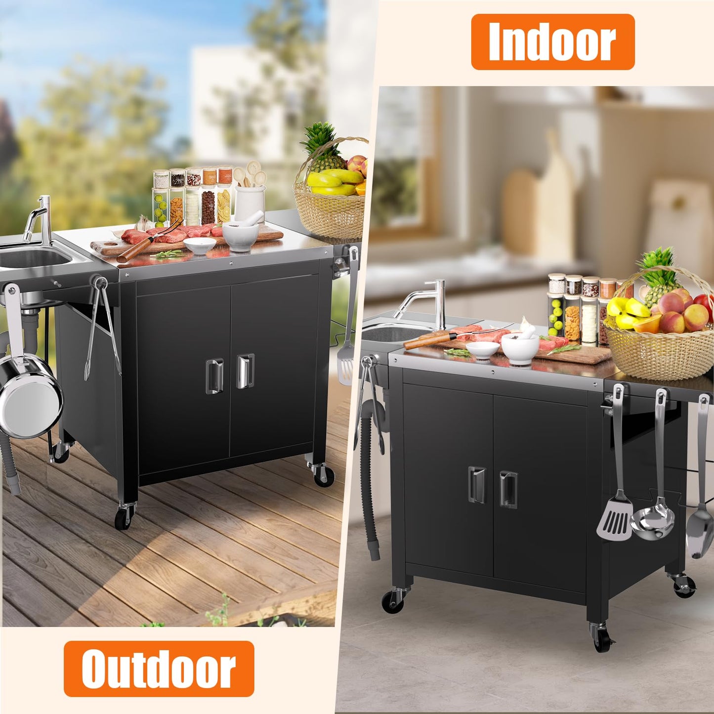 Grill Table with Sink, Outdoor Bar Cart Grill Station, Modular Outdoor Kitchen Island with 100-Gallon Storage Cabinet, 304 Stainless Steel Top, Pizza Oven Table for Lawn & Garden, L60” x W25”