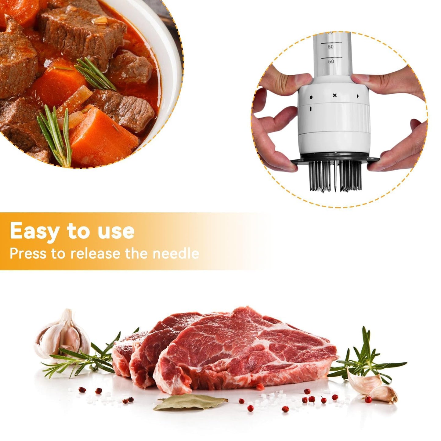 2-in-1 Meat Tenderizer with Marinade Injector, Stainless Steel Needles Flavor Marinade Meat Injector Syringe for BBQ Steak Beef Turkey Brisket Pork Kitchen Cooking Tenderizing Steak Beef Poultry