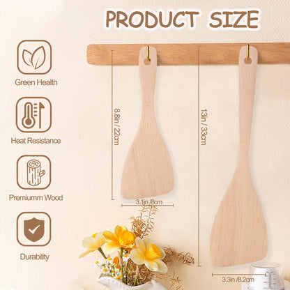 Wooden Spatula for Cooking, 13" Long Handle Flat Wood Spatulas Turner for Non Stick Cookware with 8.8’’ Uncoated Spurtle for Frying Mixing Kitchen Utensil Set 2 PCS