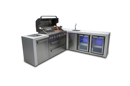 Mont Alpi MAi805-D90BEVFC 44-inch 6-Burner 115000 BTU 90 Degree Corner Deluxe Stainless Steel Gas Outdoor Kitchen Barbecue Island Grill + Lockable Compact Refrigerator + Faucet & Sink + Rotisserie Kit