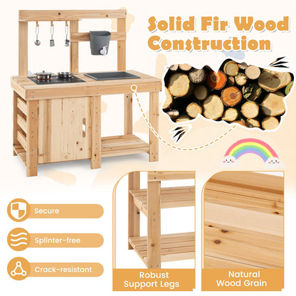 HONEY JOY Mud Kitchen, 3-Piece Modular Wooden Toddlers Play Kitchen/Pizza Counter Playset/Oven Barbecue Grill, Play Food and Accessories, Little Chef Pretend Mud Kitchen for Kids Outdoors, Natural