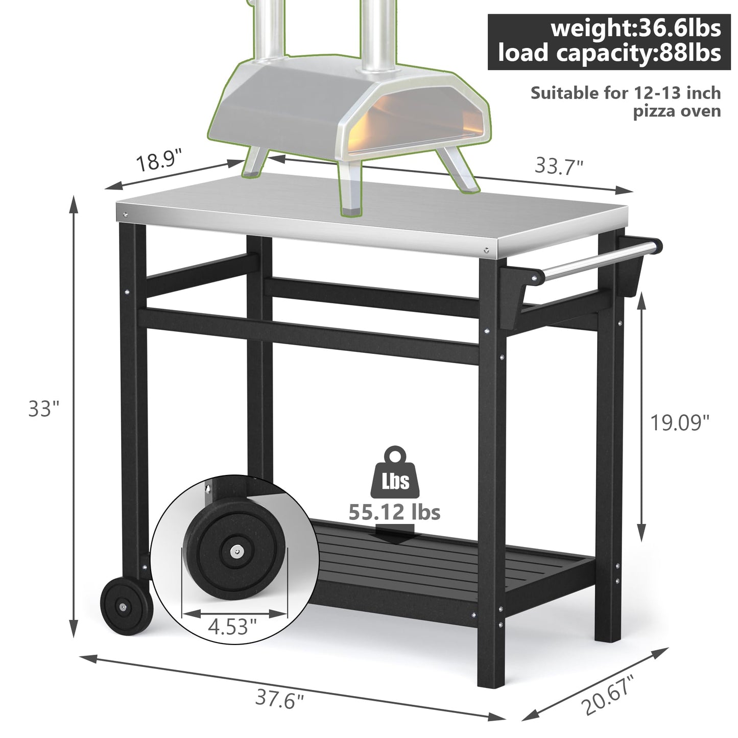 TORVA Outdoor Prep Grill Carts, 303 Stainless Steel Tabletop with High Load Capacity Portable BBQ Table, HDPE Durable Frame 2-Tier Storage Cart, Black