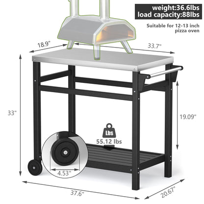 TORVA Outdoor Prep Grill Carts, 303 Stainless Steel Tabletop with High Load Capacity Portable BBQ Table, HDPE Durable Frame 2-Tier Storage Cart, Black