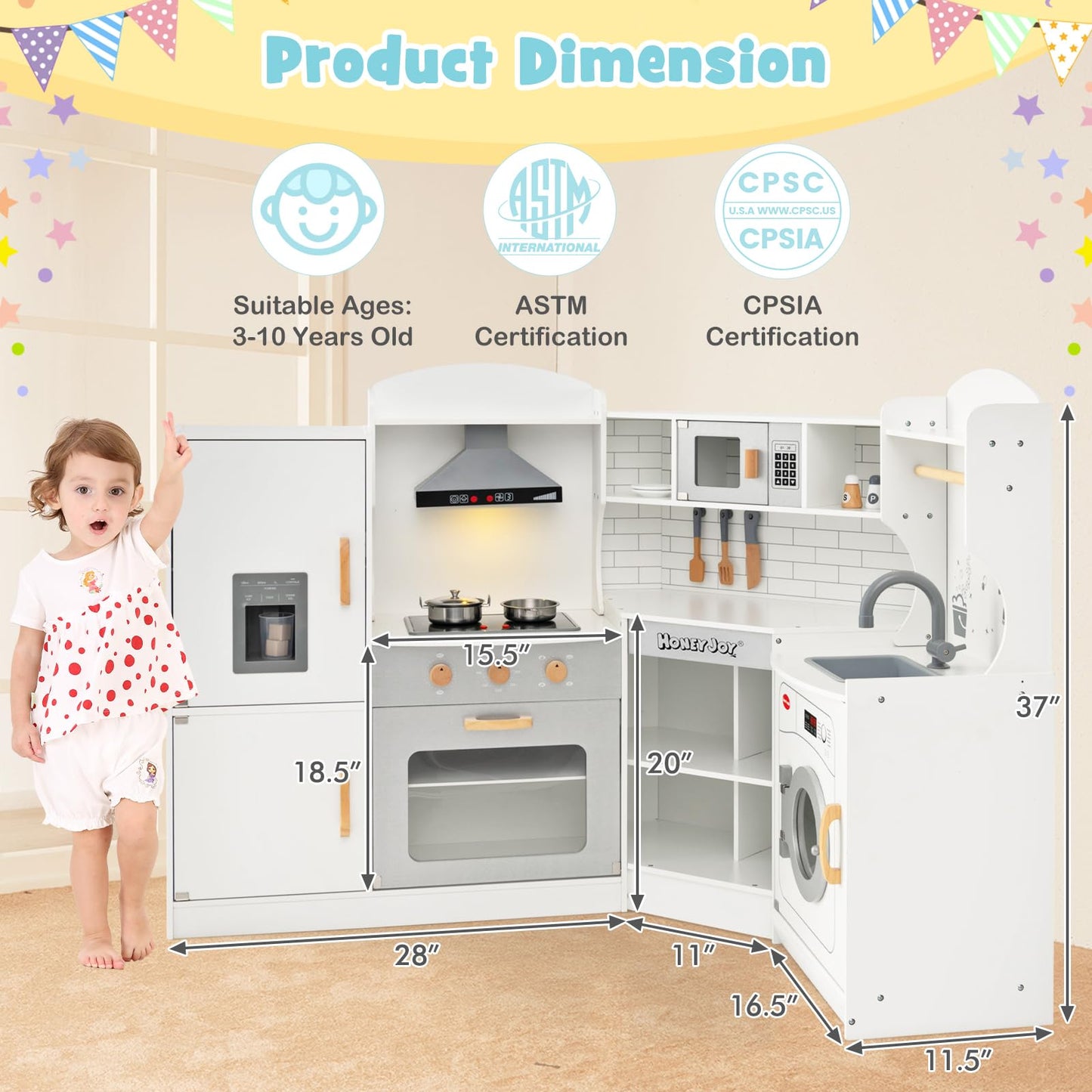 HONEY JOY Corner Kids Kitchen Playset, Ultimate Wooden Play Kitchen for Toddlers, Washing Machine, Ice Maker, Sink, Microwave, Little Chef Pretend Play Toy Kitchen Set, Gift for Boys Girls, White