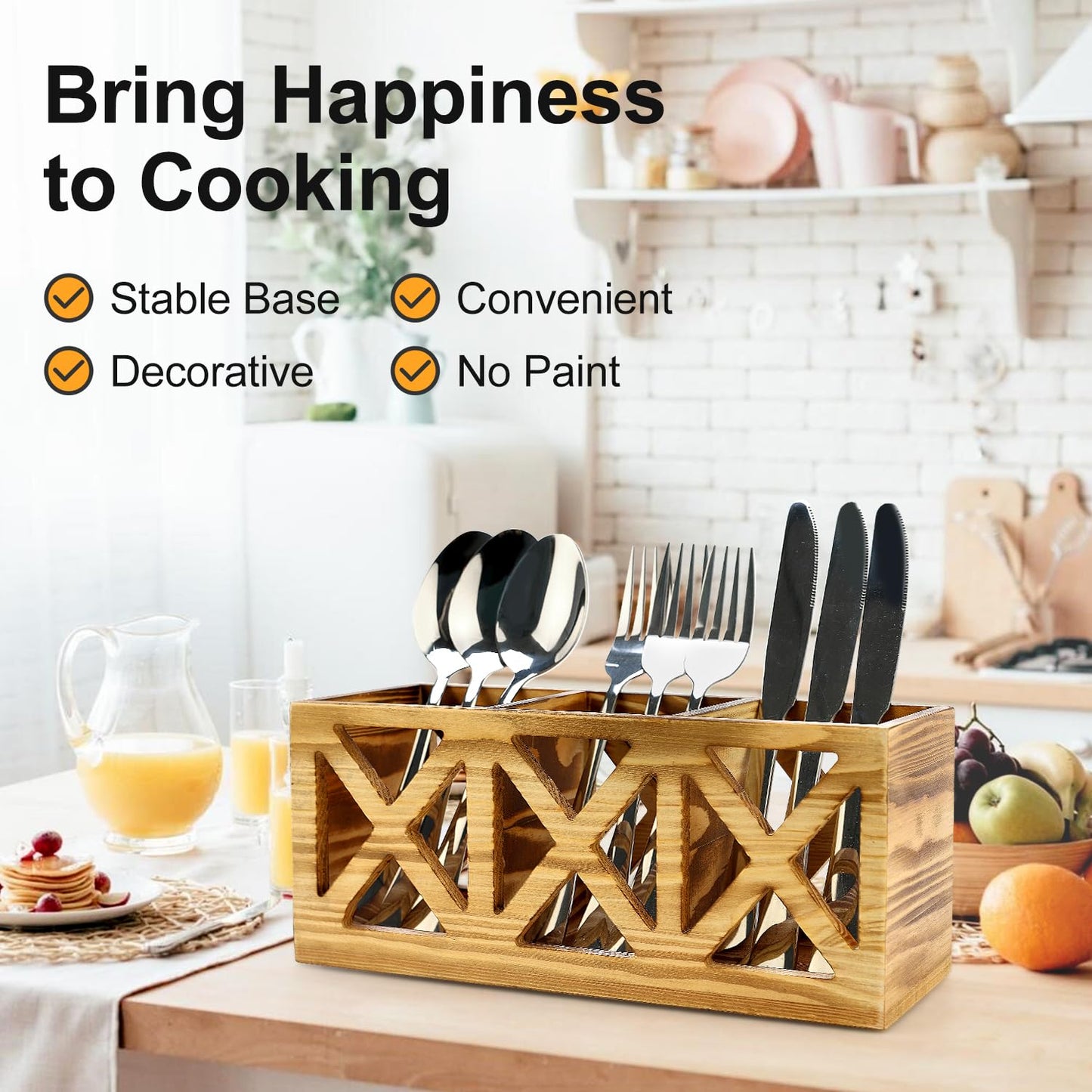 Wooden Cutlery Silverware Holder Flatware Caddy Wood Utensil Organizer for Kitchen Counter Decor Small Silverware Countertop Spoon and Fork Holder Table Utensil Caddy for Party Cutlery Basket