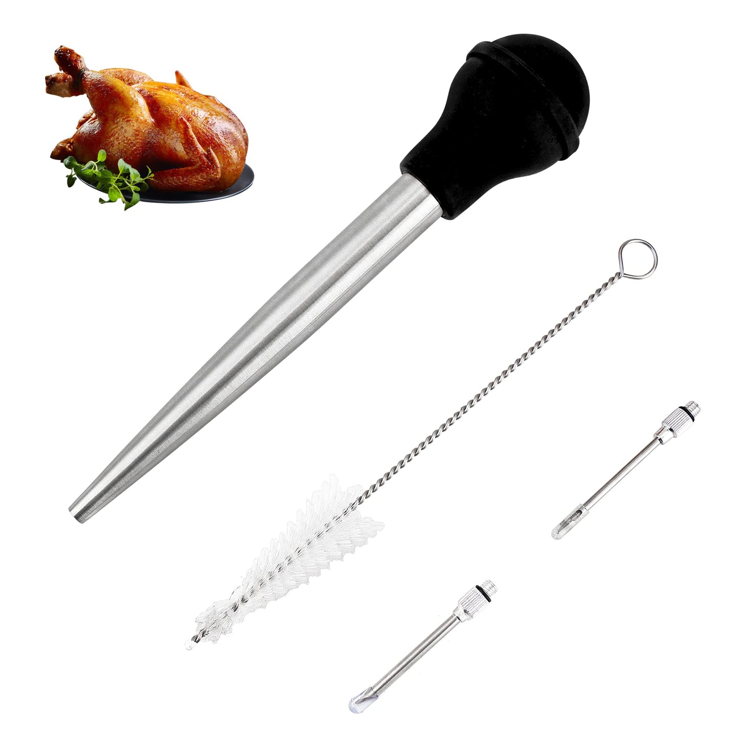 Turkey Baster Syringe for Cooking, Large Stainless Steel Meat Injector, with Cleaning Brush and 2 Marinade Needles, Black