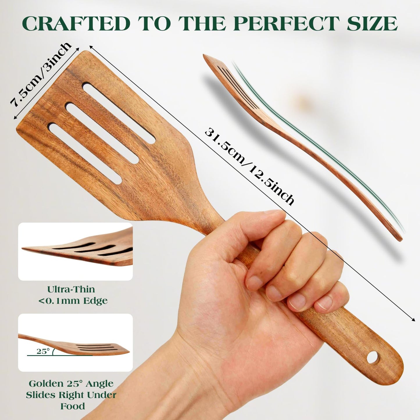 Bkiok Wooden Slotted Spatula for Cooking, Handmade Teak Wood Flat Frying Spatula Turner for Nonstick Cookware