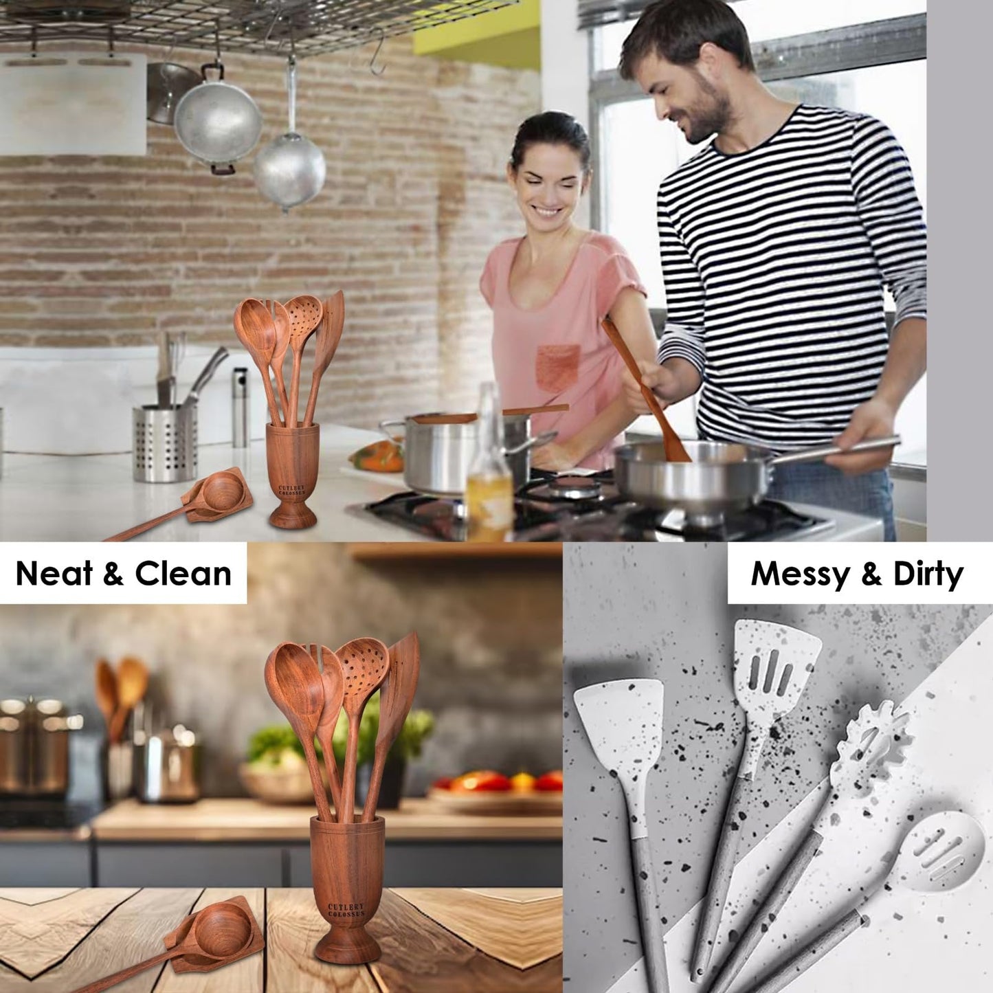 6-Pieces Wooden Spoons for Cooking with Free Holder Premium Acacia Wood Utensils Set Strong Smooth & Safe Kitchen Wooden Utensil Set Nonstick Wood Cooking Utensils Set (6-Pieces Wooden Spoons)