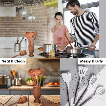 6-Pieces Wooden Spoons for Cooking with Free Holder Premium Acacia Wood Utensils Set Strong Smooth & Safe Kitchen Wooden Utensil Set Nonstick Wood Cooking Utensils Set (6-Pieces Wooden Spoons)