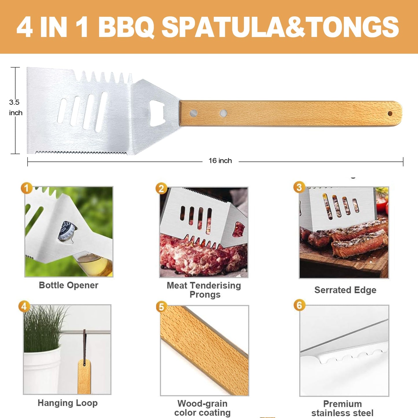 Grilling Accessories Anniversary Birthday Gifts for Dad/Husband, Heavy Duty Wooden BBQ Kit with Apron for Backyard, Thick Stainless Steel Grill Utensils with Non-Slip Handle Tools in Portable Bag