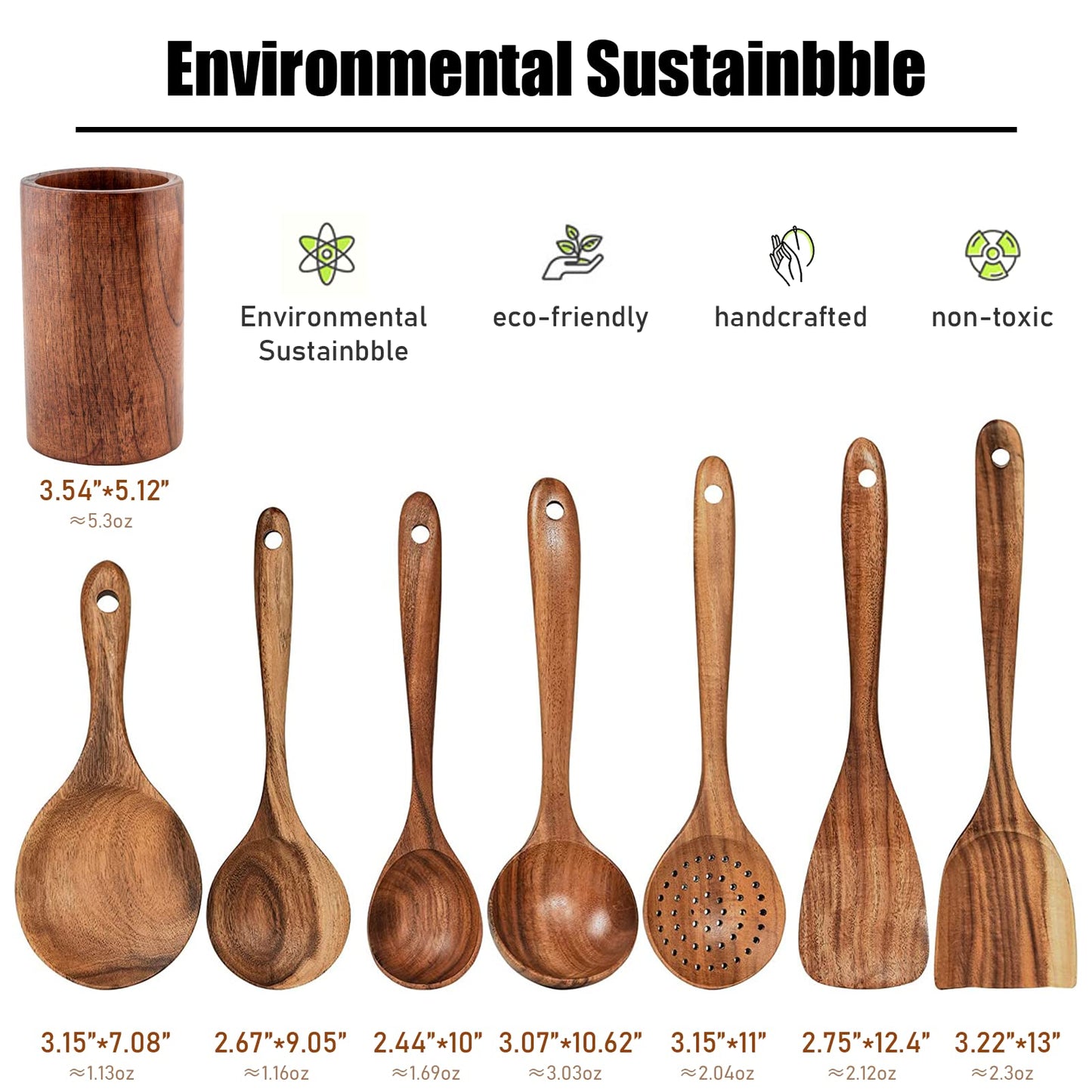 FJNATINH 7-Piece Nonstick Wooden Cooking Utensils Set, Natural and Healthy Kitchen Utensils（7 Pcs）