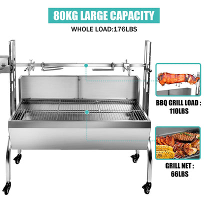 176LBS Stainless Steel Rotisserie Grill Roaster Small Pig Lamb with Back Cover Guard 25W Motor for Camping Outdoor BBQ Silver