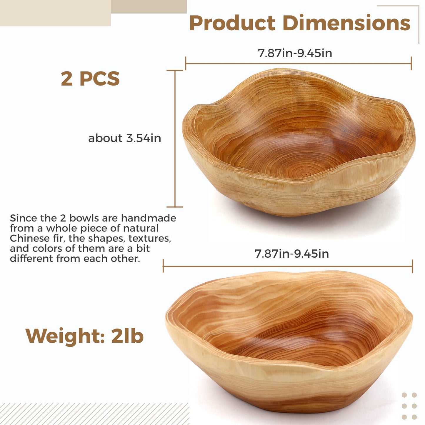 Varku 2PCS Decorative Wooden Bowls, Wood Fruit Bowls for Serving Fruits Candy Desserts, Creative Handmade Natural Wooden Bowls, Rustic Wood Bowls for Home Decor