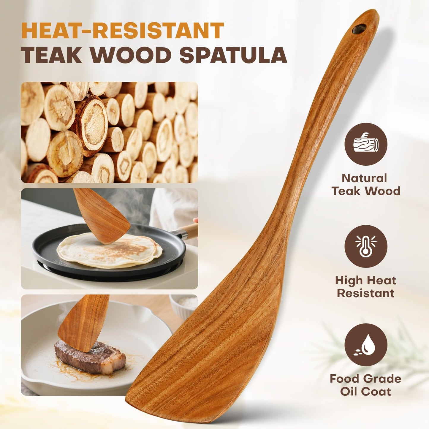 Flat Wood Spatula, EOHASA 12 inch Non Toxic Wooden Spatula for Cooking, Handcrafted Teak Wood Curved Turner Spurtle for Non Stick Pan, Safe Long Handle Cooking Utensils - Scraper for Kitchen Use