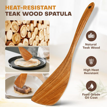 Flat Wood Spatula, EOHASA 12 inch Non Toxic Wooden Spatula for Cooking, Handcrafted Teak Wood Curved Turner Spurtle for Non Stick Pan, Safe Long Handle Cooking Utensils - Scraper for Kitchen Use