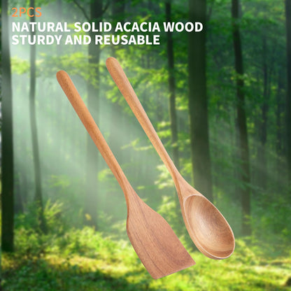 2PCS Long Handle Gigantic Spatula Spoon Premium Acacia Wooden Spoons For Cooking 17''Large Soliod Wooden Cooking Spoons Smooth Finish in Large Style Cooking Kitchen Utensil Set