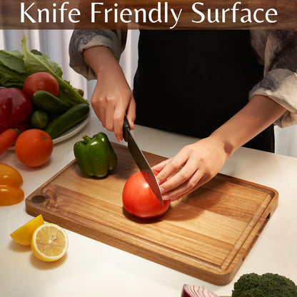 Timberro Acacia Wood Cutting Board - Solid Organic Wooden Meat Boards for Kitchen, Real Hardwood Chopping Butcher Block with Deep Juice Groove Well for Counter, Medium Countertop Blocks with Handle