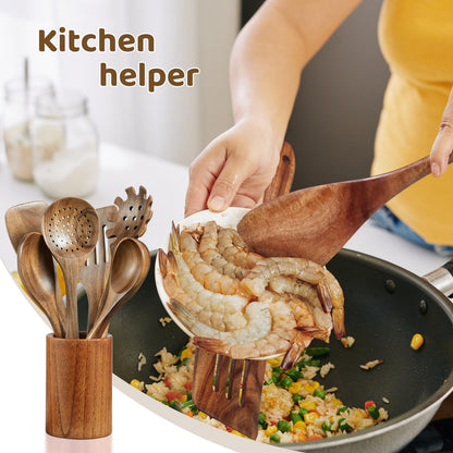 LSFCHUJU Wooden Spoons for Cooking - 10 Piece Natural Teak Wood Kitchen Utensil Set, Wooden Spoons Set with Holder, Spoon Rest & Hooks, Wooden Spatula Set with 7 metal hooks